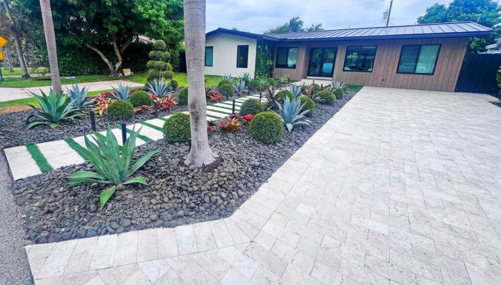 Travertine paver driveway and walkway at a Fort Lauderdale home