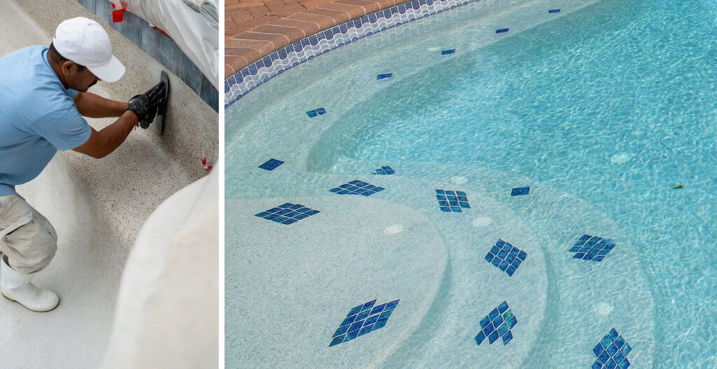 Pool resurfacing in progress and a finished tile detail