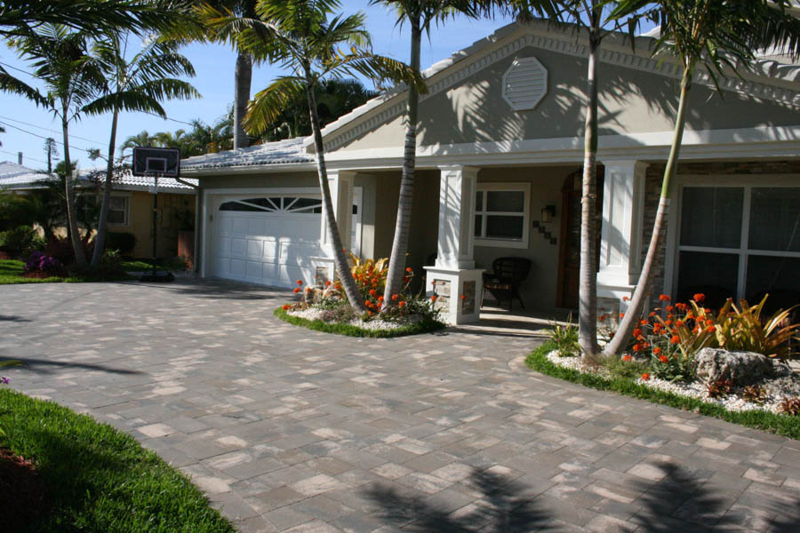 Paver driveway at a single-story home